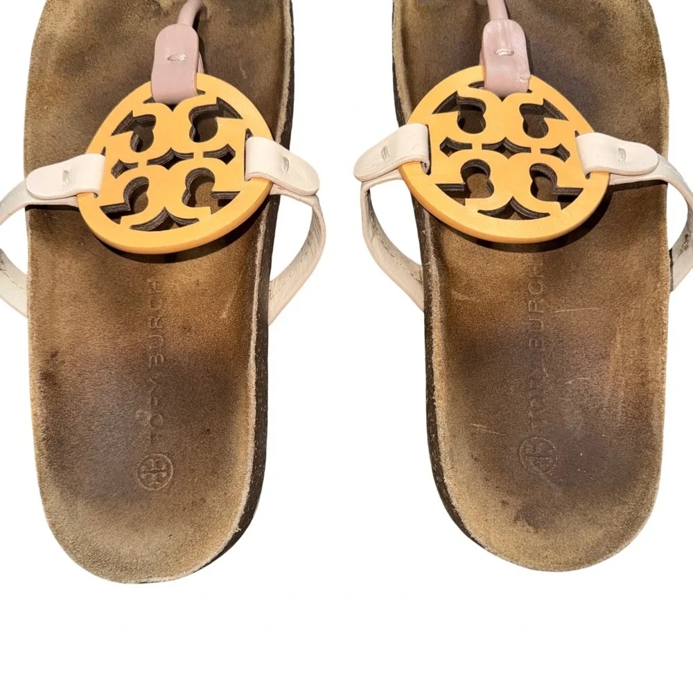 Tory Burch Miller‎ Cloud Sandals Women 9 Beige Yellow Fair Logo Cork Slides